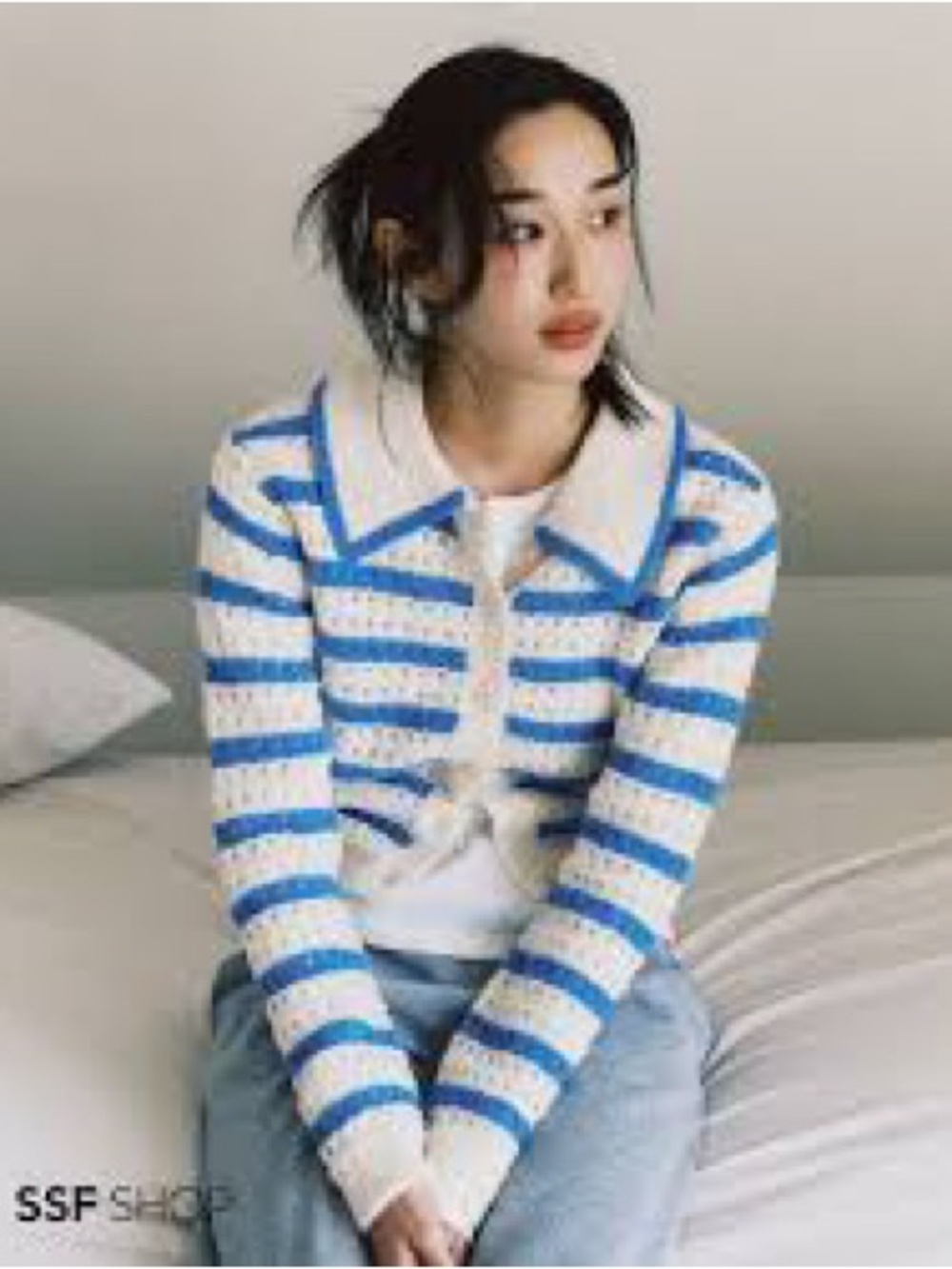 Line & Dot Merra Cropped Blue & Cream Striped Knit Cardigan Sweater /Top